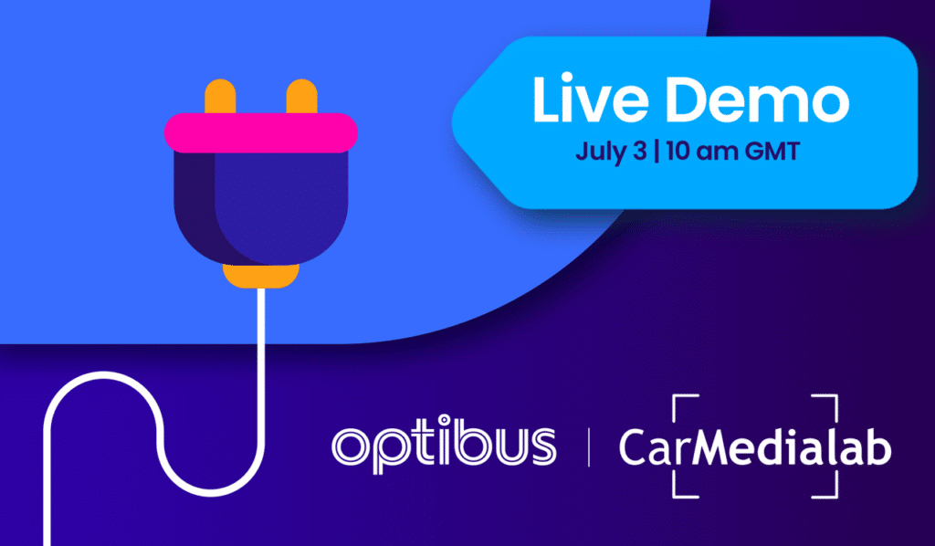 Live demo promotional graphic for Optibus and CarMedialab on July 3 at 10 am GMT, featuring vibrant blue design with stylized electrical plug icon.