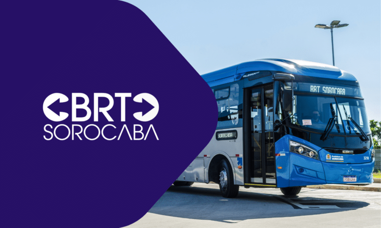 CBRT Sorocaba blue bus parked under clear sky, featuring modern transport branding and amenities for public transit services in Sorocaba, Brazil.
