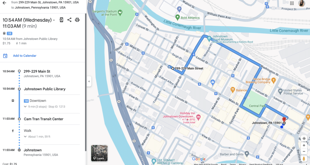 Google Maps transit directions showing a 9-minute bus route from 299-229 Main Street to Johnstown, Pennsylvania, costing $1.75 with one stop downtown.