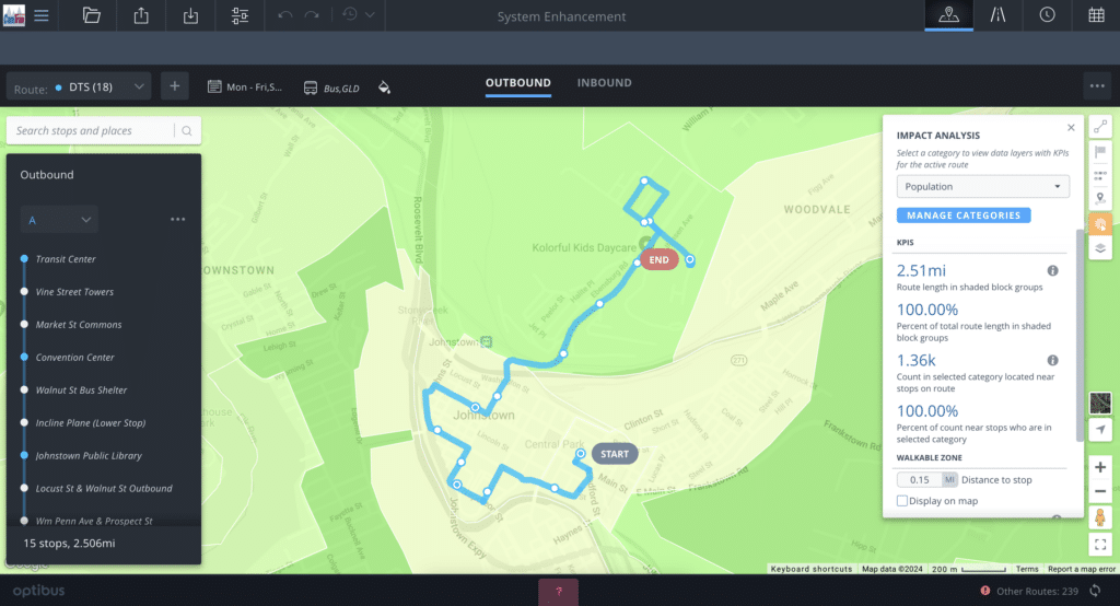 Transit route map for DTS Bus GLD showing outbound journey through Johnstown with 15 stops spanning 2.51 miles, displaying population impact analysis and walkable zones.