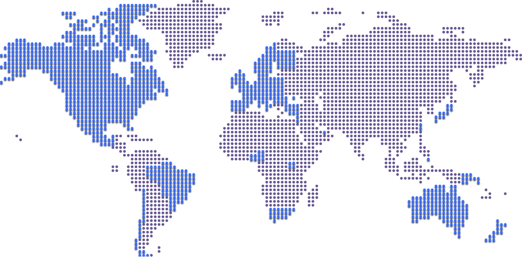 Dotted world map with blue highlighting major regions including North America, South America, Australia, and parts of Asia, while gray dots indicate remaining territories.