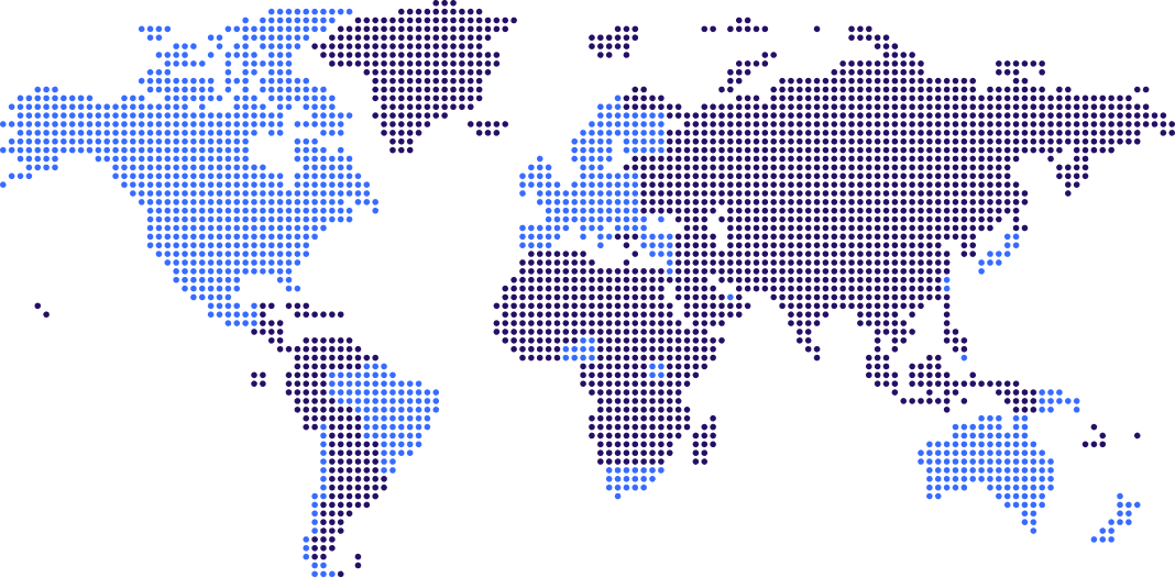 Dotted world map visualization with blue regions indicating one category and dark purple regions indicating another, displaying global data distribution across continents and countries.