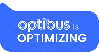 A blue rounded banner announces that Optibus is optimizing, featuring white outlined text and bold capital letters on a vibrant gradient background.