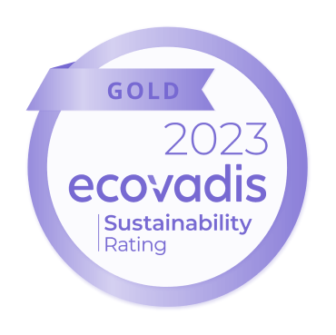 EcoVadis 2023 Gold Sustainability Rating badge featuring a purple circular design with ribbon banner accent, recognizing corporate environmental and social responsibility achievement.