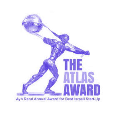 The Atlas Award logo features a muscular figure holding a glowing globe, recognizing the best Israeli startups annually through the Ayn Rand Award program.