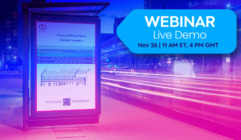 Webinar announcement for Manama Terminal 3 live demo on November 26 at 11 AM ET and 4 PM GMT, displayed on an urban transit shelter with city lights.