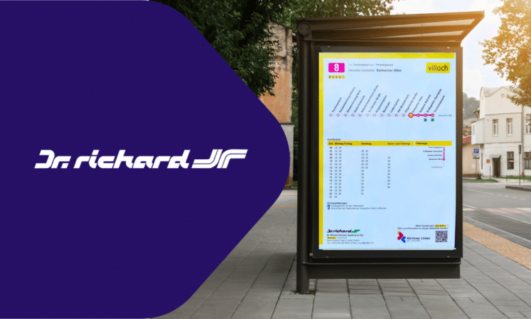 Driechard bus shelter advertisement displays Line 8 schedule to Seebacher Allee in Villach, Austria, featuring a yellow transit map with departure times and local route information.