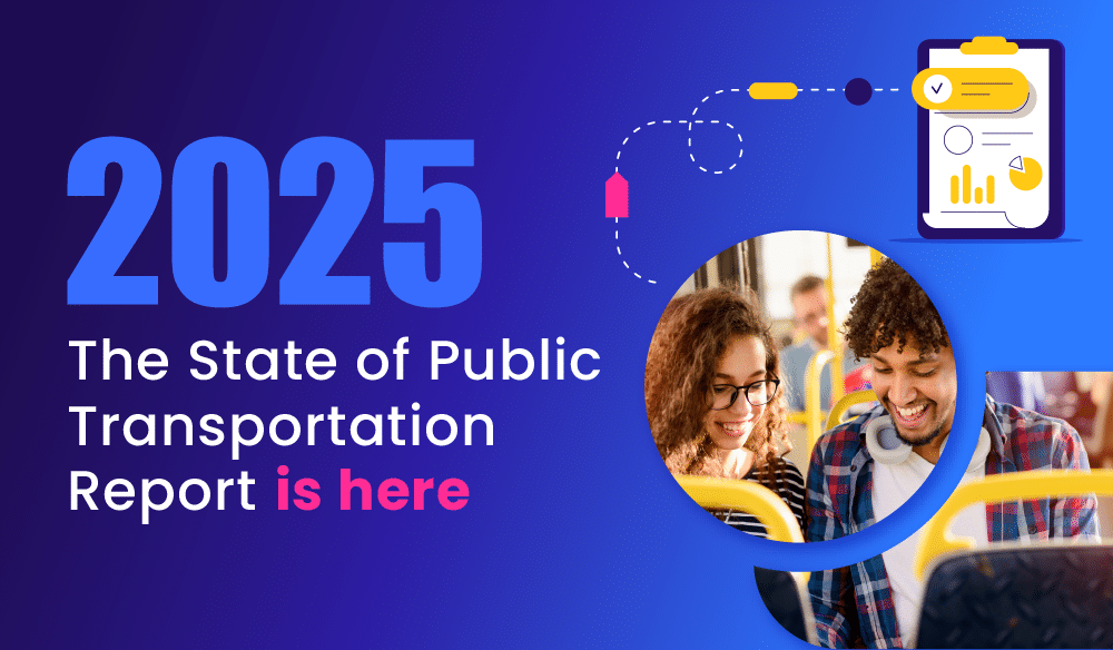 2025 State of Public Transportation Report announcement featuring diverse passengers on public transit with checklist and analytics icons on a blue gradient background.