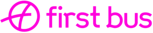 First Bus logo features a magenta circle with a cross design alongside bold sans-serif typography. This transit company branding uses vibrant pink coloring for maximum visibility.