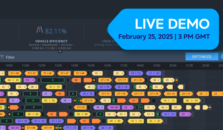Transportation fleet scheduling dashboard displaying vehicle efficiency at 82.11% with live demo scheduled February 25, 2025 at 3 PM GMT, showing hourly route assignments and crew optimization