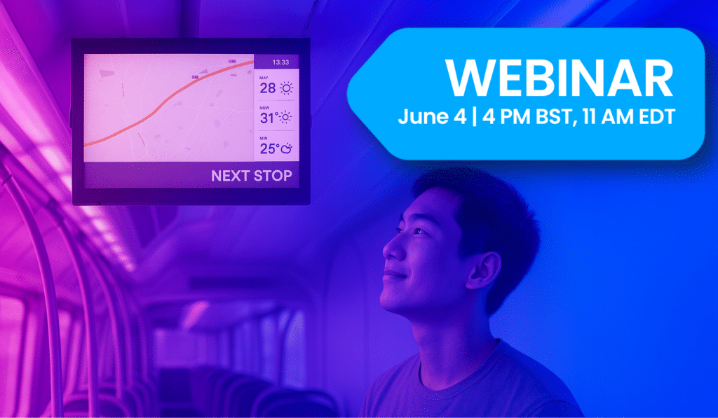 Webinar promotional graphic scheduled for June 4 at 4 PM BST, 11 AM EDT, featuring a transit app interface and person silhouetted against vibrant purple and blue neon lighting.