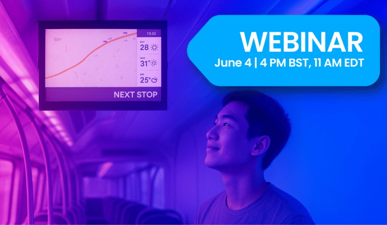 Webinar promotional graphic scheduled for June 4 at 4 PM BST, 11 AM EDT, featuring a transit app interface and person silhouetted against vibrant purple and blue neon lighting.