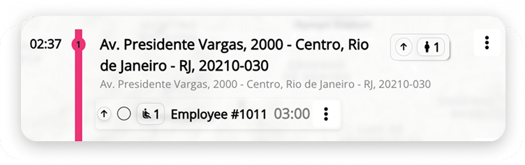 Location card for Av. Presidente Vargas, 2000 in Centro, Rio de Janeiro, showing a scheduled employee meeting at 03:00.