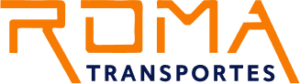 ROMA Transportes logo features bold orange lettering with a geometric design, representing a professional transportation and logistics company.