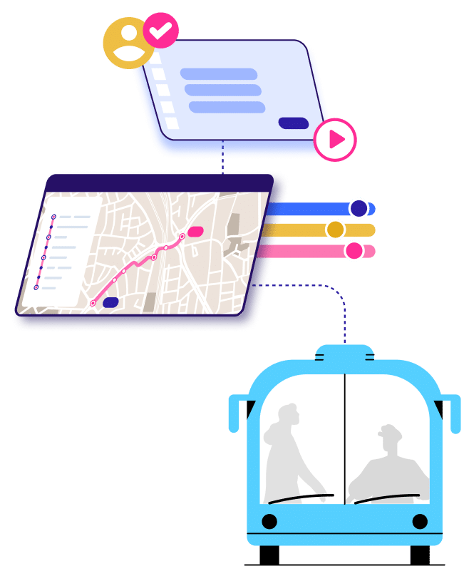 Digital illustration of a route planning application workflow showing task management, interactive map with navigation route, and transportation to destination via bus.