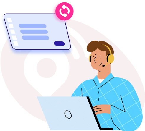 A man wearing headphones uses a laptop while a refresh icon and notepad interface appear above, representing customer service or technical support operations.