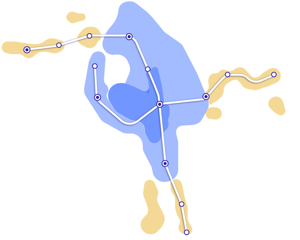Abstract network map illustration with blue central node connected by lines to surrounding yellow nodes, representing data flow, connectivity, or system architecture concepts.
