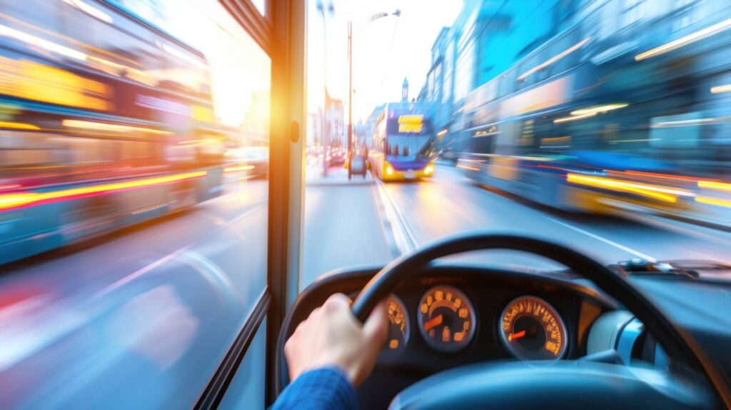 Driver's hands on steering wheel navigating busy city street with buses, blurred motion and evening lights creating urban traffic atmosphere.