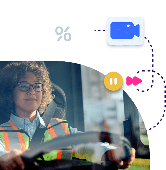 Woman wearing safety vest and glasses sits in driver's seat while video call interface and media controls display above, illustrating remote communication technology.