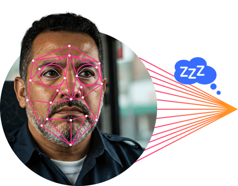 Facial recognition technology visualization showing a man's face with pink biometric mapping points and grid lines, connected to a sleep symbol indicating privacy concerns in automated