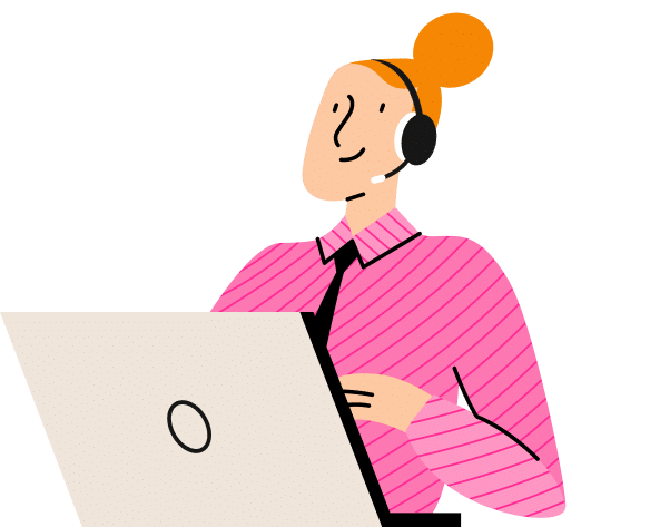 Woman with orange hair wearing headphones and a pink striped shirt works on a laptop while smiling, suggesting remote work or online communication.