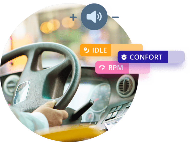 Car interior dashboard with steering wheel and audio controls featuring Idle, Comfort, and RPM mode options with volume adjustment buttons.
