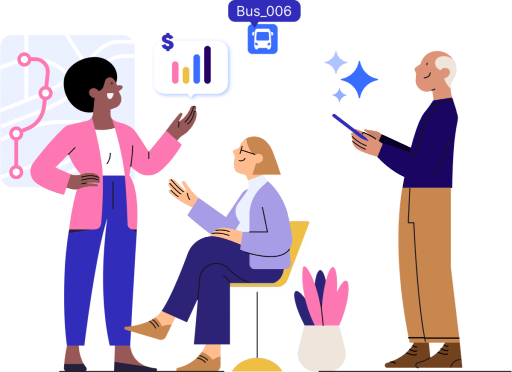 Business professionals collaborate on transportation planning, analyzing route data and bus schedules with charts and digital tools for improved public transit management.