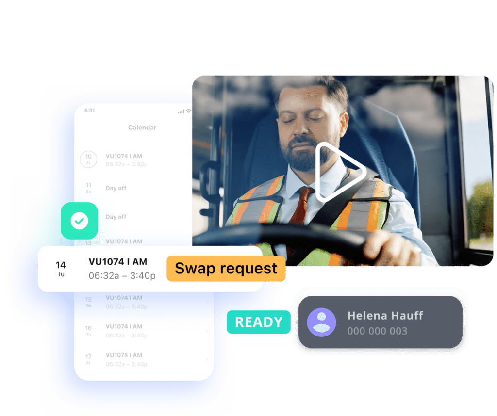 Driver shift scheduling app interface showing a calendar with swap requests, featuring a professional truck driver in safety vest and a ready status notification from Helena Hauff.