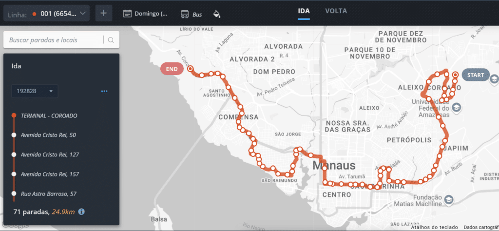 Bus route 001 map in Manaus showing 71 stops across 24.9km, connecting Terminal Coroado to Aleixo Coracao with multiple stops along Avenida Cristo Rei and through city center.