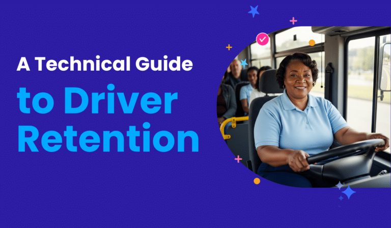 A technical guide cover featuring a smiling bus driver at the wheel, emphasizing driver retention strategies with colorful design elements and decorative icons on a purple background.