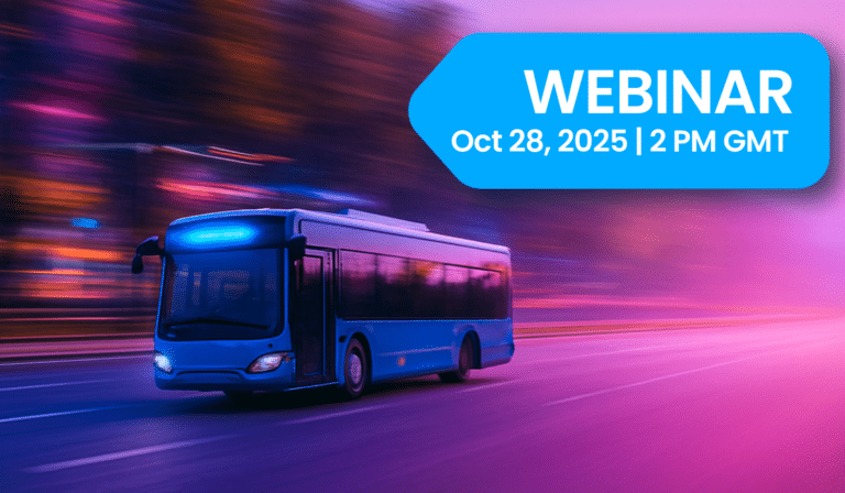 Blue bus speeding through vibrant pink and purple neon highway at night, promoting a webinar on October 28, 2025 at 2 PM GMT with modern motion blur effects.