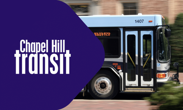 Chapel Hill Transit bus number 1407 moves through a brick building area on campus, displaying the service's accessible public transportation for the community.