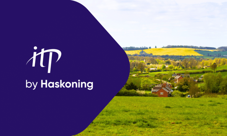 ITP by Haskoning branding overlays a rural English countryside landscape featuring rolling green fields, yellow rapeseed crops, and red brick farmhouses nestled in a valley.