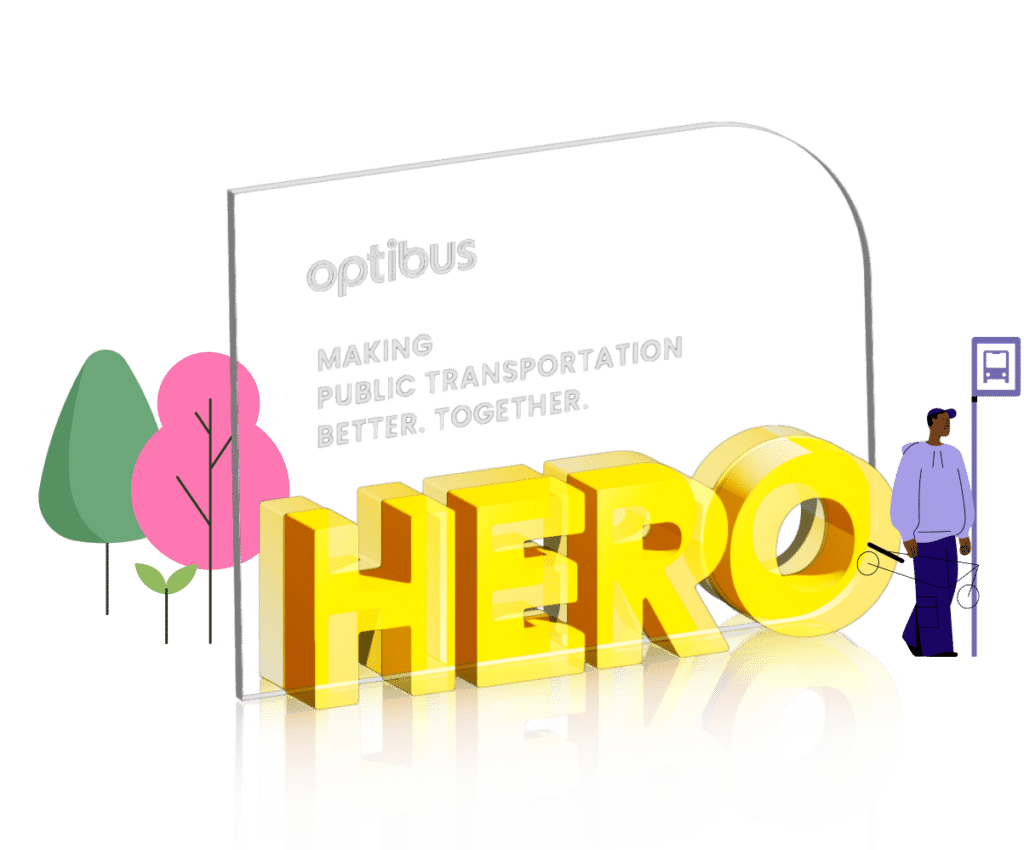 Optibus "HERO" 3D illustration showcases their public transportation platform with a cyclist and pedestrian near a bus stop, emphasizing sustainable mobility solutions.