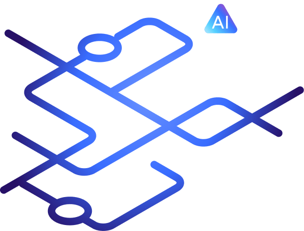 Isometric illustration of layered smartphone screens with circular elements and an AI badge icon in the top right corner, representing artificial intelligence technology integration.