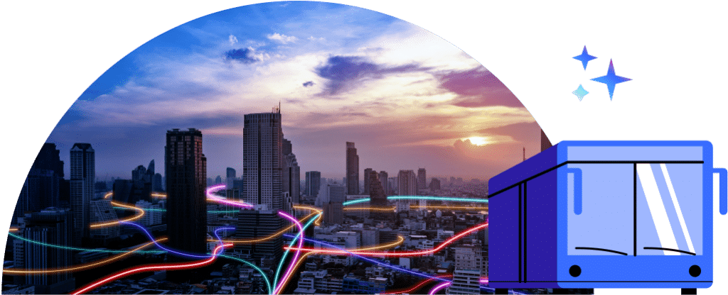 Modern transit illustration combining a vibrant cityscape at sunset with neon light trails and a stylized blue bus graphic, representing urban transportation and smart city technology.