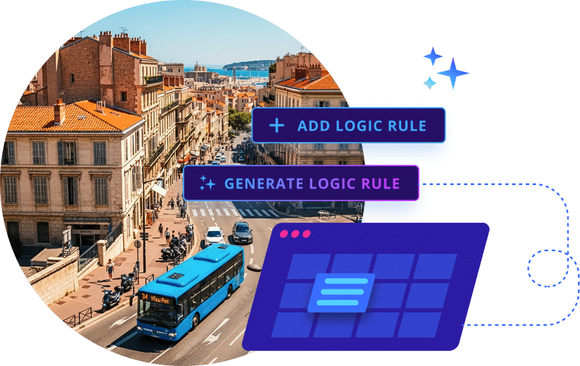 AI interface overlays city street scene with ADD LOGIC RULE and GENERATE LOGIC RULE options, representing intelligent automation technology applied to urban transportation management.