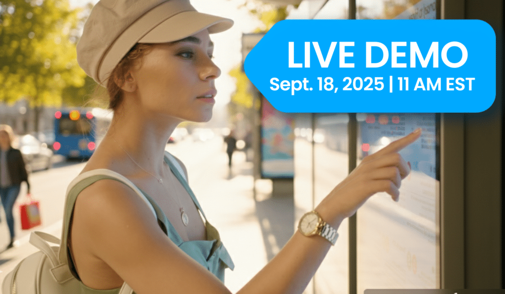 Woman in casual attire pointing at storefront window during live demo scheduled for September 18, 2025 at 11 AM EST in urban setting.