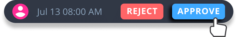 Approval interface showing a user avatar with timestamp Jul 13 08:00 AM and two action buttons: a red Reject button and a blue Approve button with a cursor icon hovering over it.