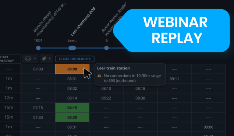 Webinar replay interface displaying a Dutch train schedule timeline with station stops, highlighted connections, and service warnings for Leer train station showing no available transfers.