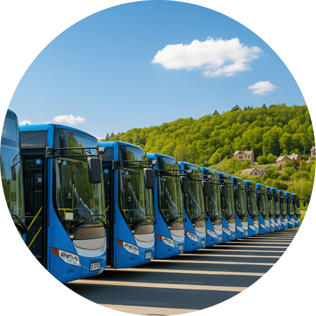 A fleet of blue buses lined up in a row at a depot, with forested hills and residential buildings visible in the background under a clear sky.