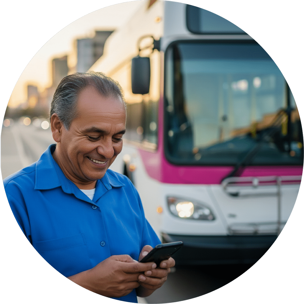 A transit worker in a blue shirt smiles while checking his phone near buses at sunset, suggesting fleet management or transportation logistics work.