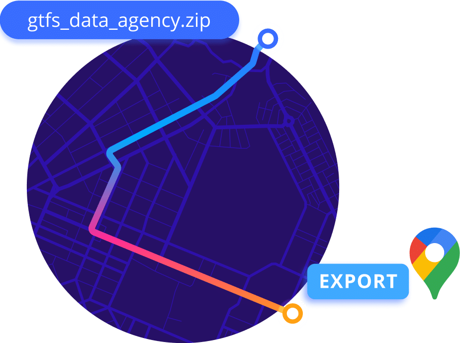 Export GTFS transit data from agency zip file with this visualization showing a globe route map connected to Google Maps, illustrating geographic data transfer and location-based transit