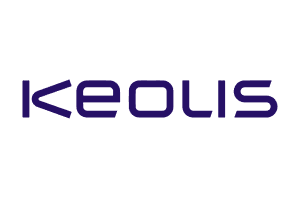 Keolis logo featuring the company name in bold, modern blue lowercase letters. Keolis is a major French public transport operator providing transit services globally.