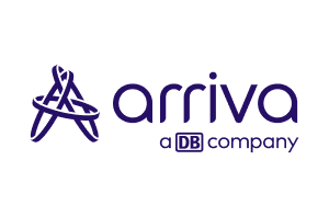 Arriva logo featuring a stylized purple star design alongside the company name, identified as a DB company subsidiary providing transportation and mobility services.