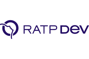 RATP Dev logo featuring a stylized circular arrow icon in dark blue alongside the company name in modern sans-serif typography, representing sustainable transportation services.