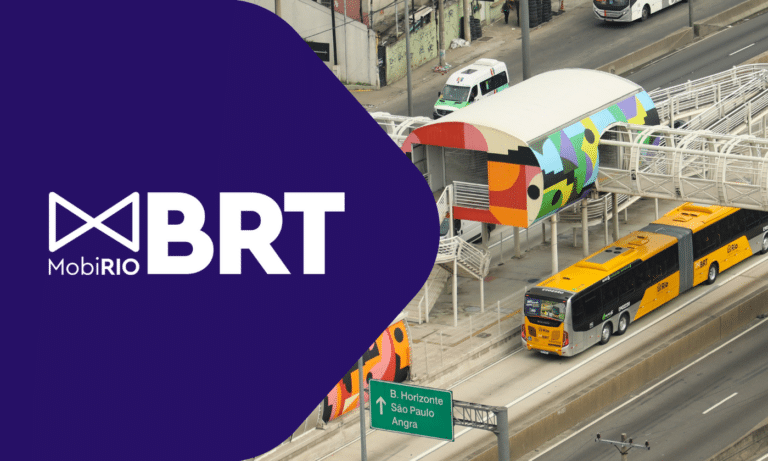 MobiRIO BRT transit system showcasing colorful buses and a decorated station in Rio de Janeiro, with yellow and orange buses operating on dedicated lanes beneath a vibrant artistic canopy.