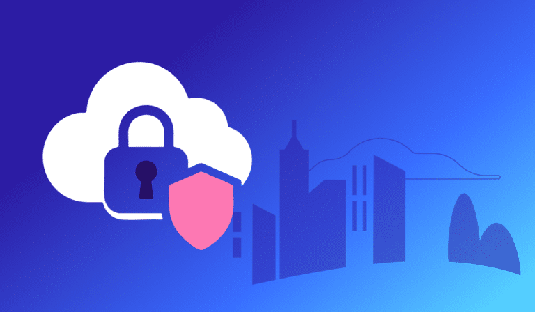 Cloud security illustration featuring a padlock and shield protecting data infrastructure. Modern cityscape background represents protected enterprise networks and digital safety systems.