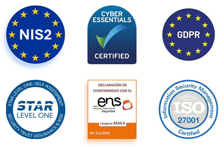 Certification badges display compliance with NIS2, Cyber Essentials, GDPR, STAR Level One, ENS security standards, and ISO 27001 information security management requirements.