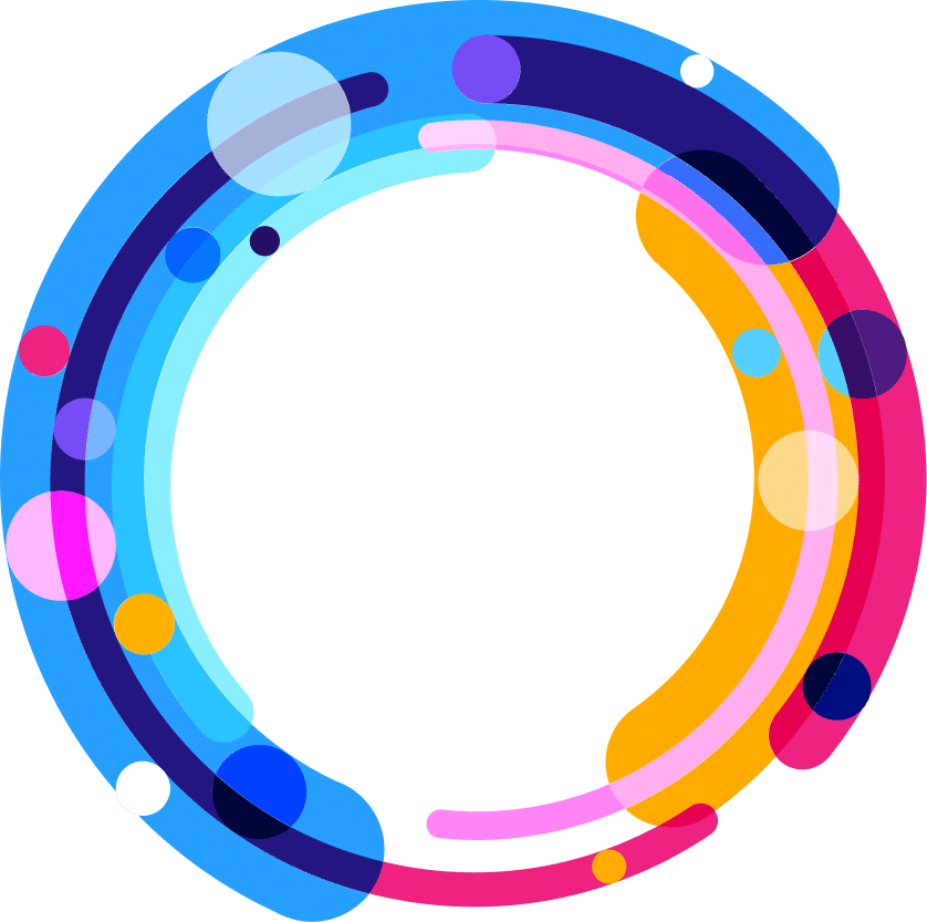 Vibrant circular design featuring concentric rings in blue, pink, yellow, and purple with decorative dots and curved shapes creating a modern, colorful frame around white center space.